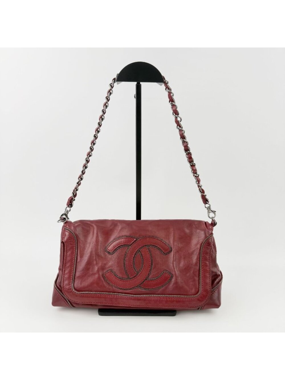 Chanel CC Logo Chain Shoulder Bag Leather Red Silver Vintage